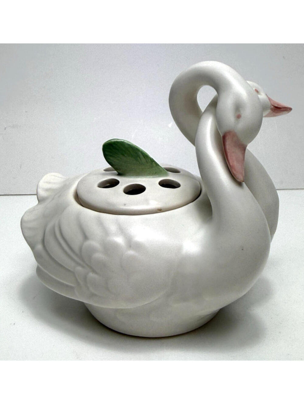 Vtg Twin Double Pottery Swan Flower Frog White Handmade Hobbyist Piece CHIP